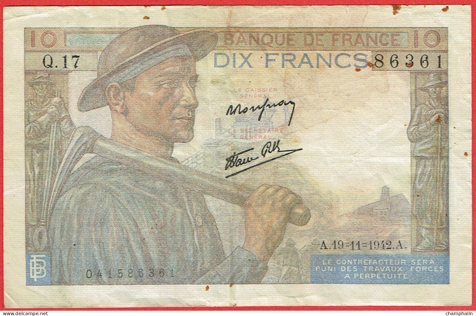 France - Billet De 10 Francs Type Mineur - 19 Novembre 1942 - 10 F 1941-1949 ''Mineur''