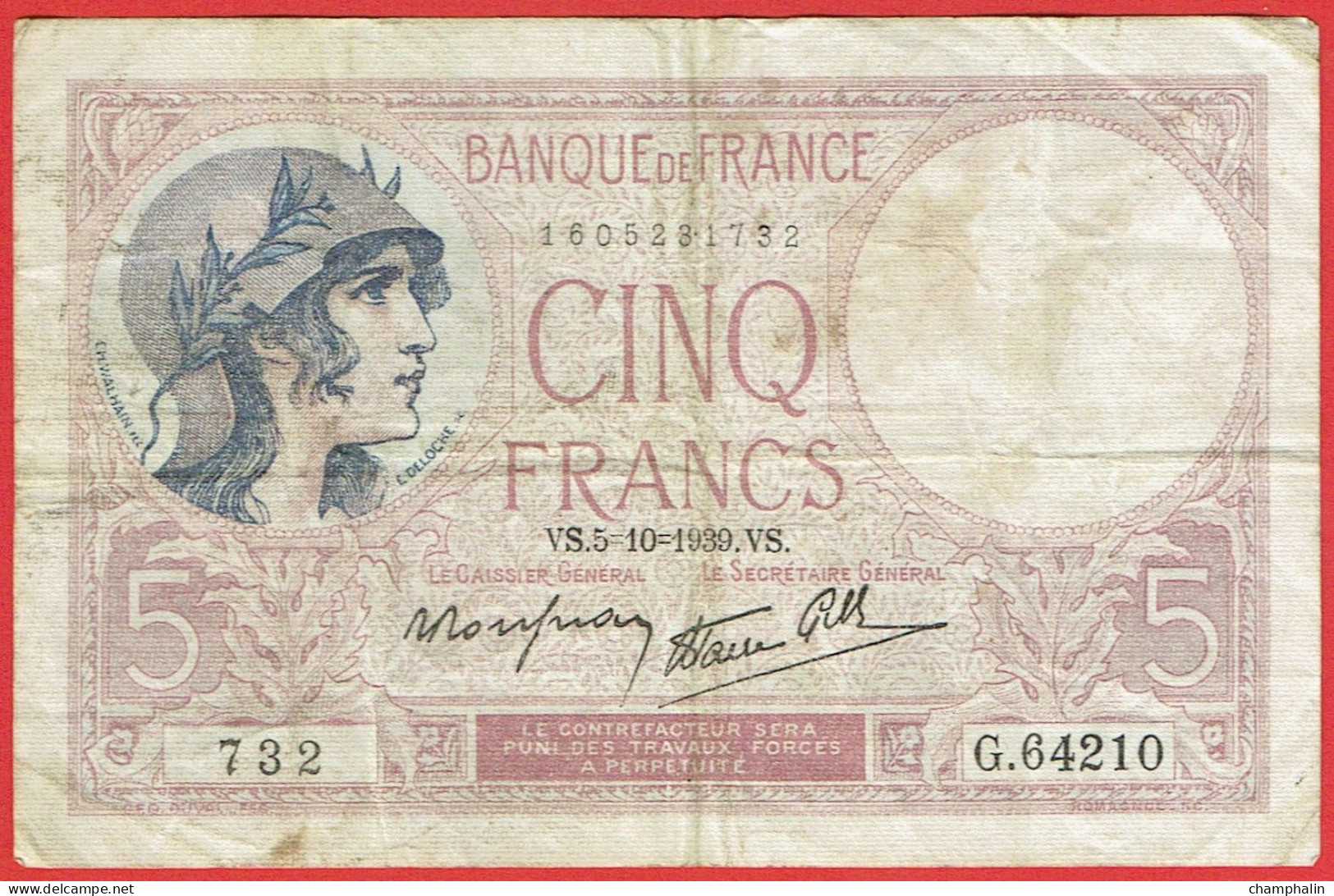 France - Billet De 5 Francs Type Violet - 5 Octobre 1939 - 5 F 1917-1940 ''Violet''