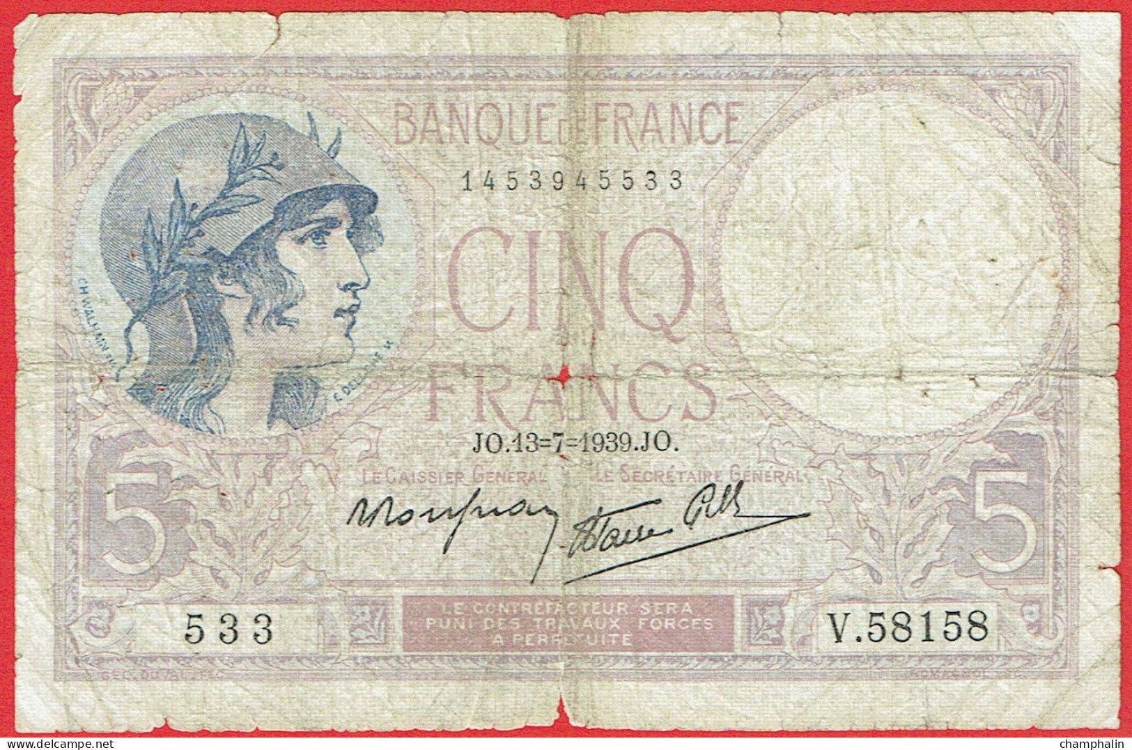 France - Billet De 5 Francs Type Violet - 13 Juillet 1939 - 5 F 1917-1940 ''Violet''