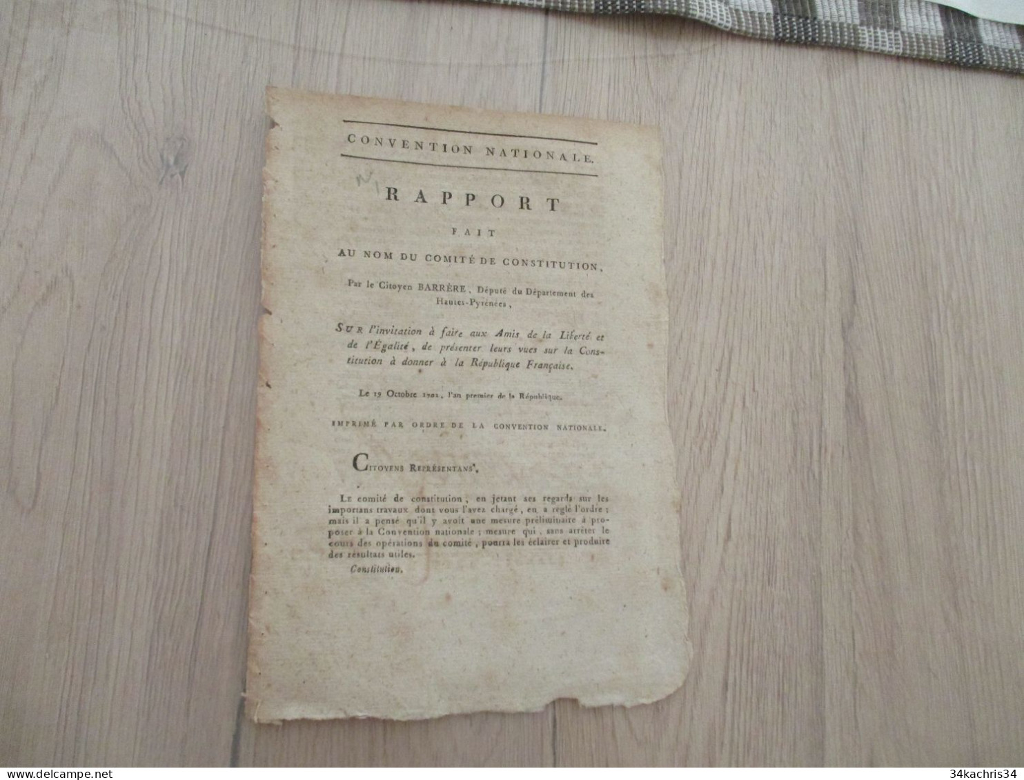 N7 Rapport Barrère Député Hte Pyrénées Invitation Aux Amis De La Liberté  à Propos De La Constitution 19/10/1792 - Wetten & Decreten