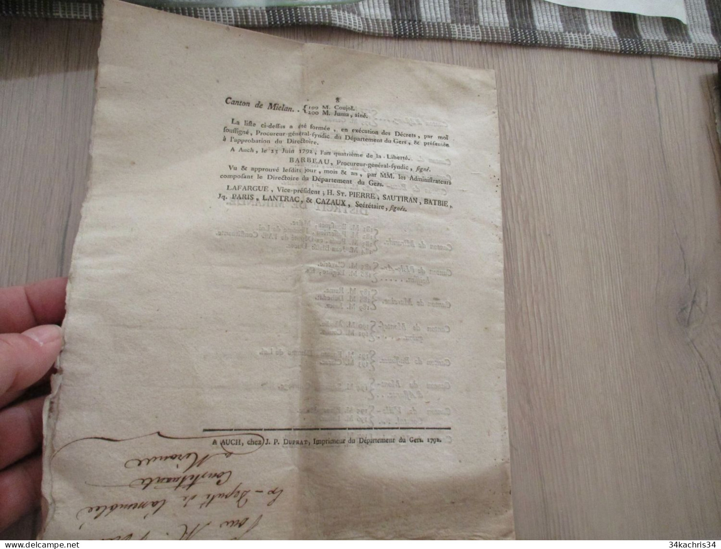 N7 Gers Révolution Liste Du Juré De Jugement ^pour Le Trimestre De Juillet 1792 Annoté - Wetten & Decreten