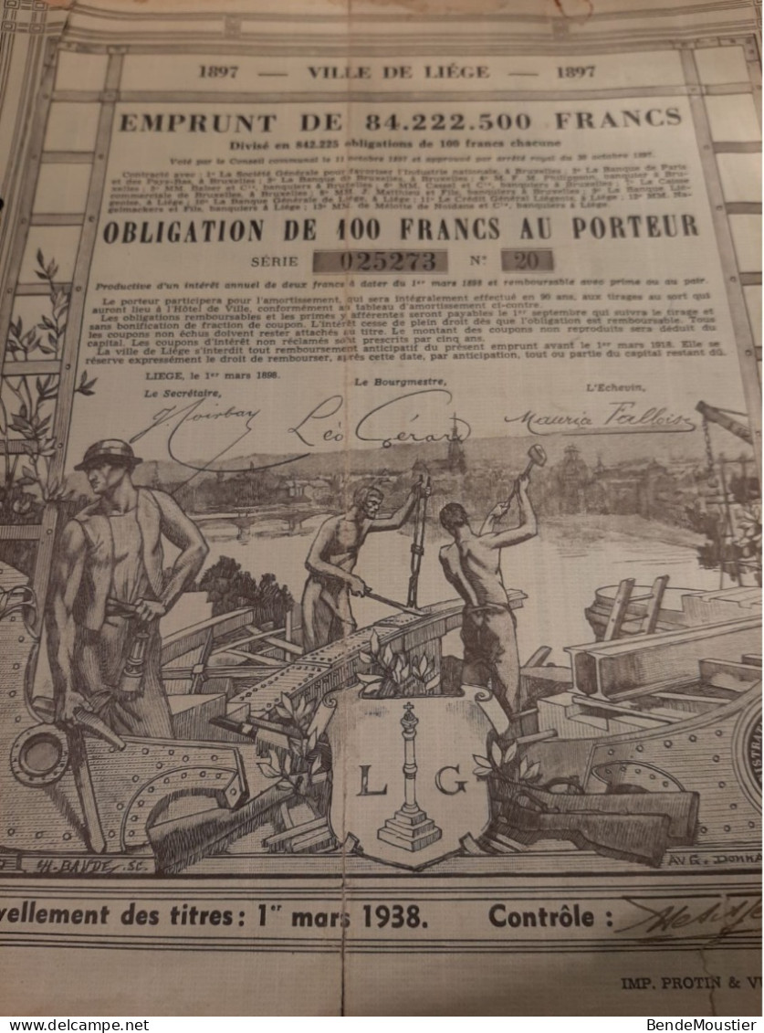 Emprunt De La Ville De Liège 1897 - Obligation De  100 Frs Au Porteur - Liège Le 1er Mars 1898. - Bank En Verzekering