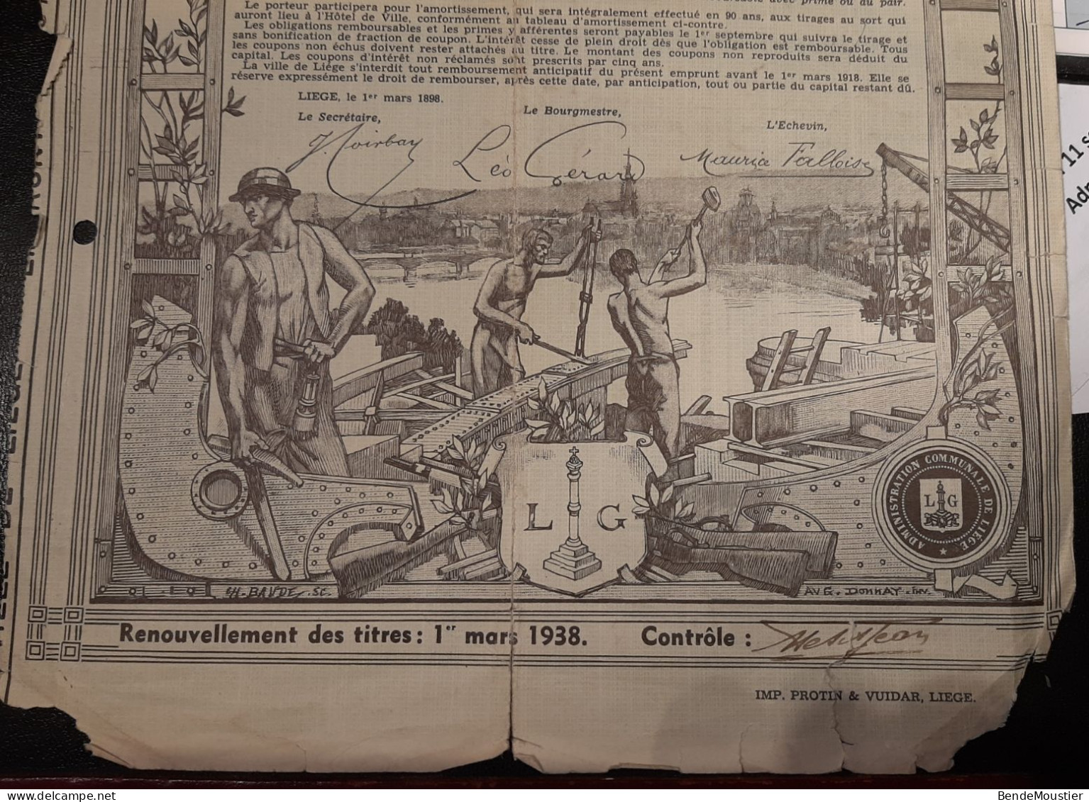 Emprunt De La Ville De Liège 1897 - Obligation De  100 Frs Au Porteur - Liège Le 1er Mars 1898. - Bank En Verzekering