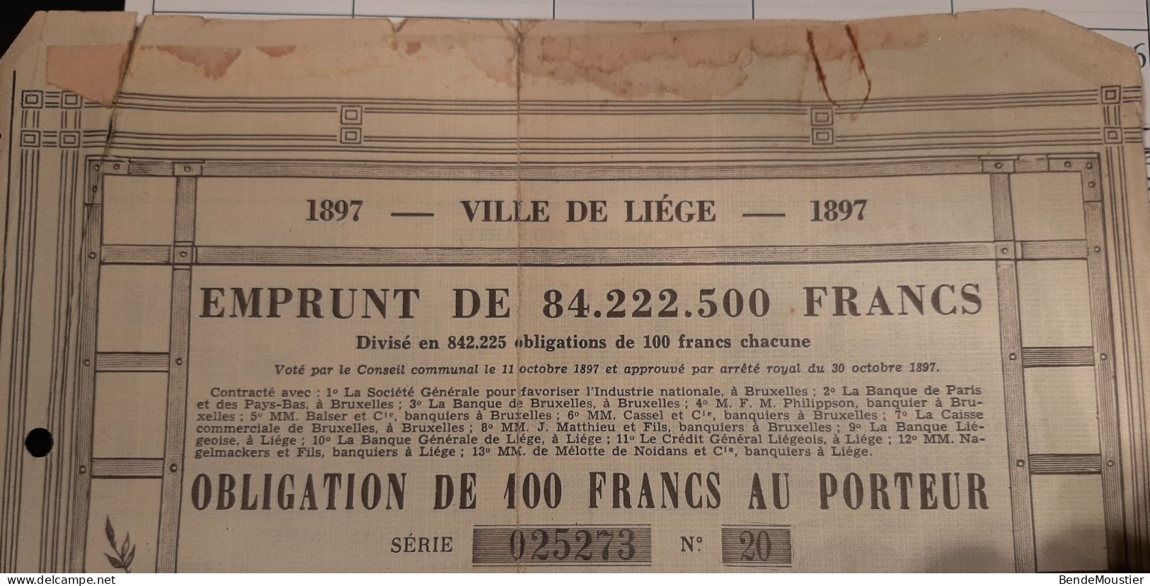 Emprunt De La Ville De Liège 1897 - Obligation De  100 Frs Au Porteur - Liège Le 1er Mars 1898. - Bank En Verzekering