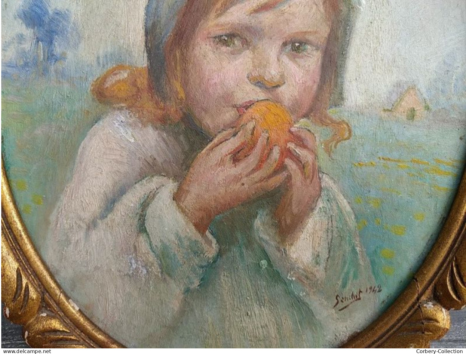Tableau Portrait D'Enfant Mangeant Un Fruit Signé 1942 Cadre Bois Sculpté Doré. - Oils