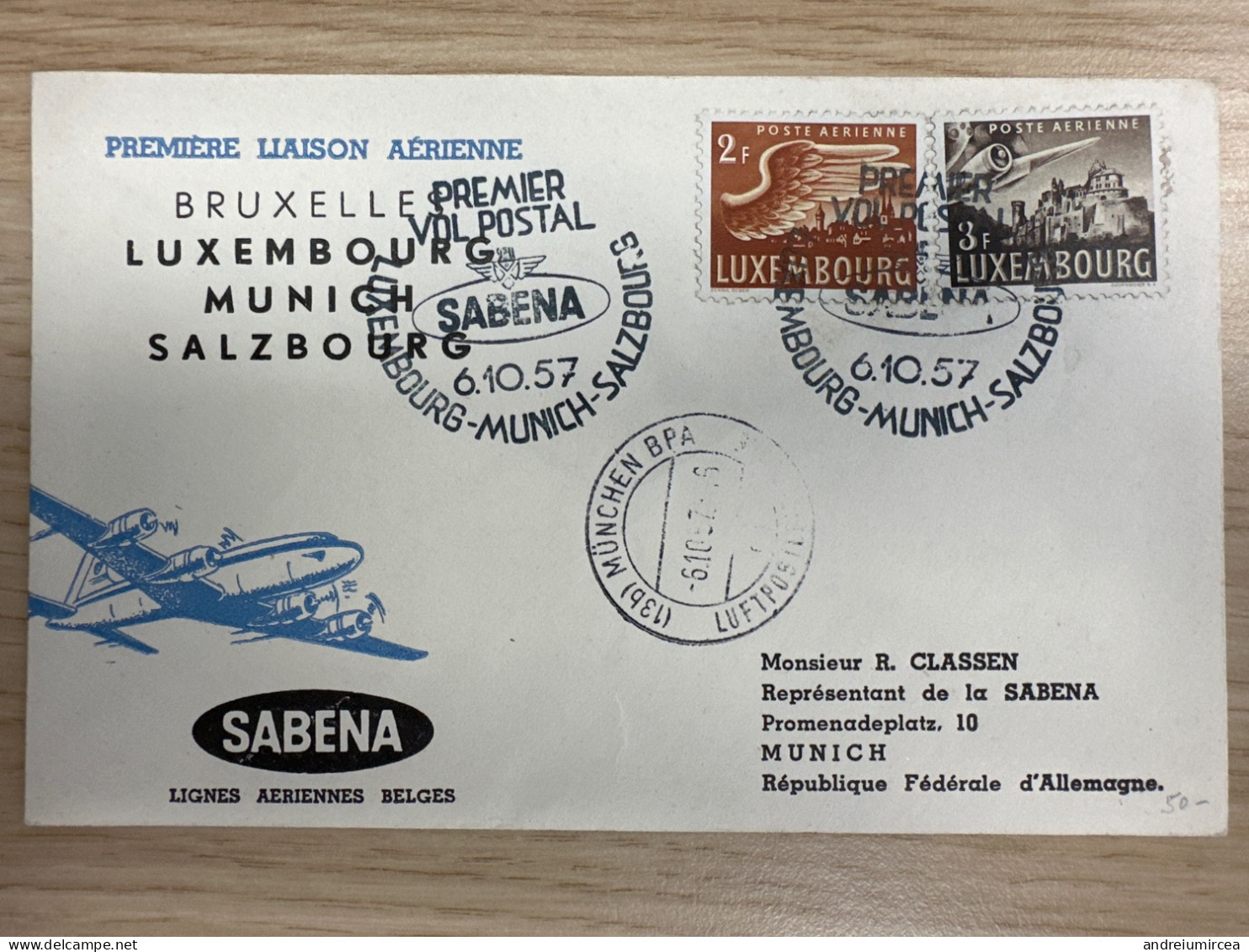 1957 Première Vol Luxembourg Munich Salzbourg SABENA - Briefe U. Dokumente