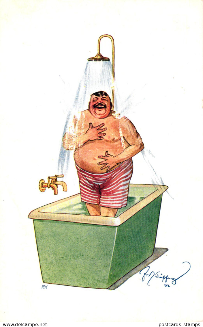 Mann In Der Badewanne, Humor, Sign. Fritz Schönpflug, Um 1910/15 - Schoenpflug, Fritz