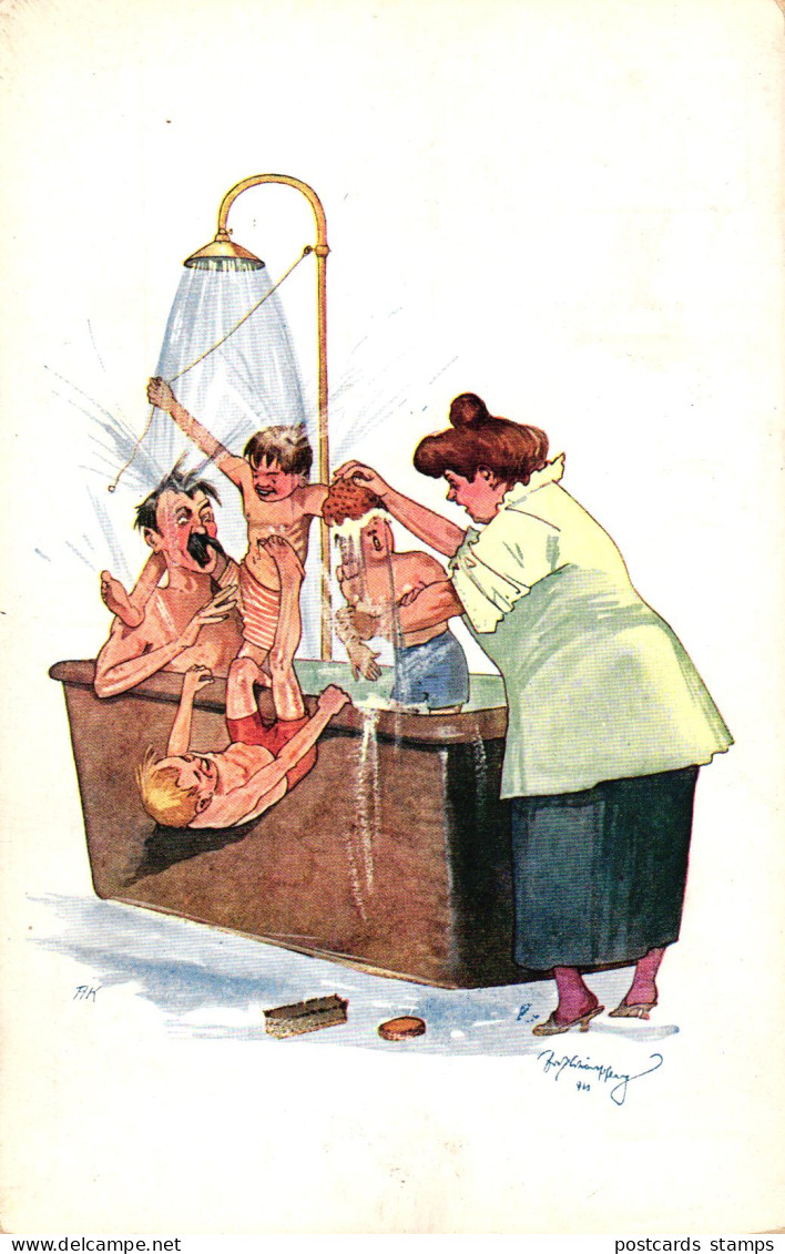 Vater Mit Kindern In Der Badewanne, Humor, Sign. Fritz Schönpflug, Um 1910/15 - Schönpflug, Fritz