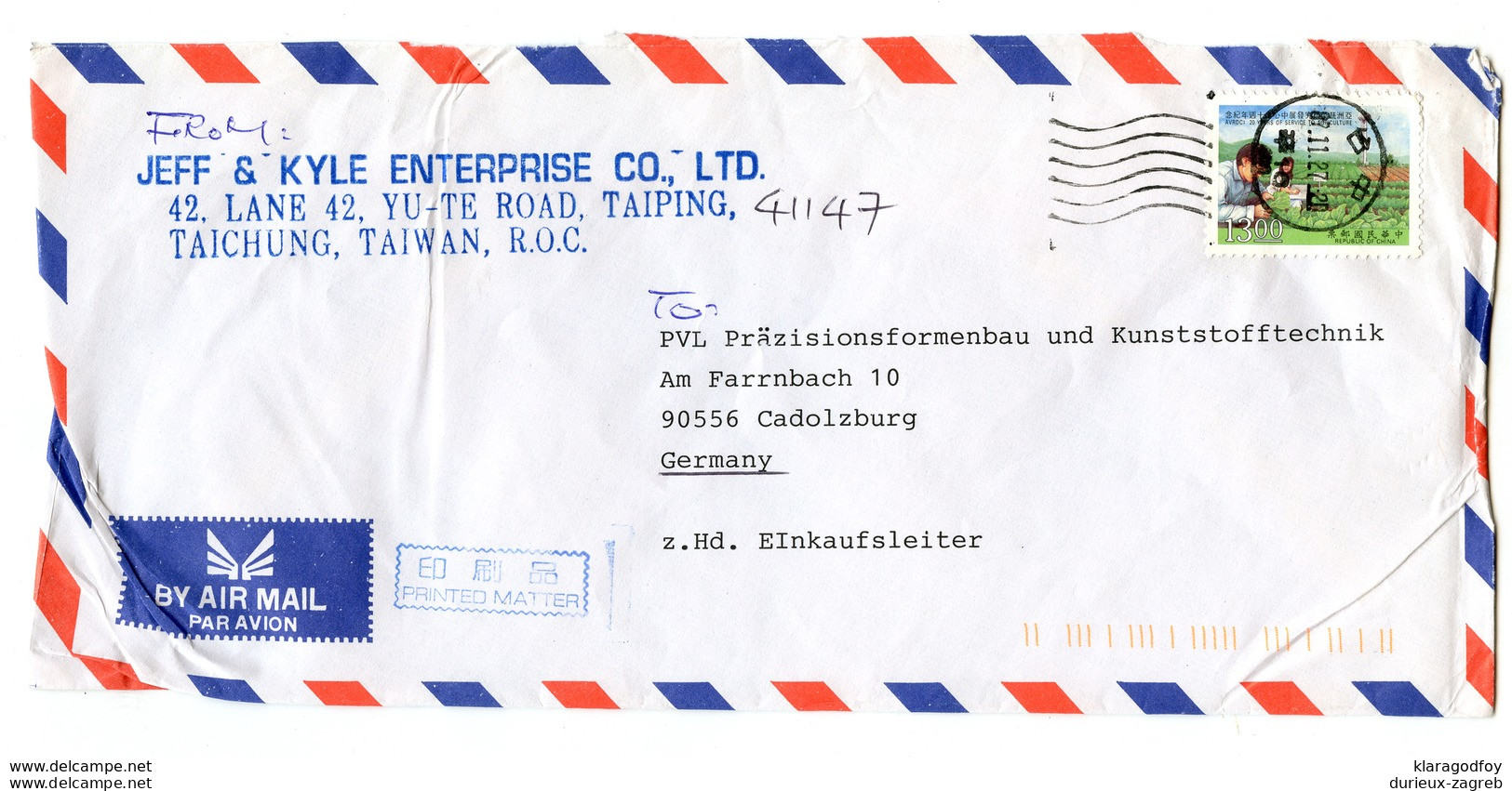 Jeff & Kyle Enterprise, Taiping Air Mail Company Letter Cover Posted 199? To Germany B200120 - Cartas & Documentos