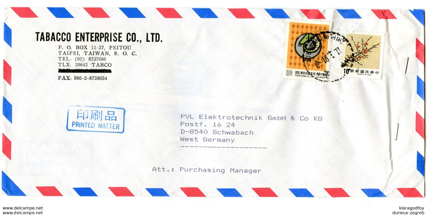 Tabacco Enterprise Co., Taipei Air Mail Company Letter Cover Posted 1991 To Germany B200120 - Storia Postale