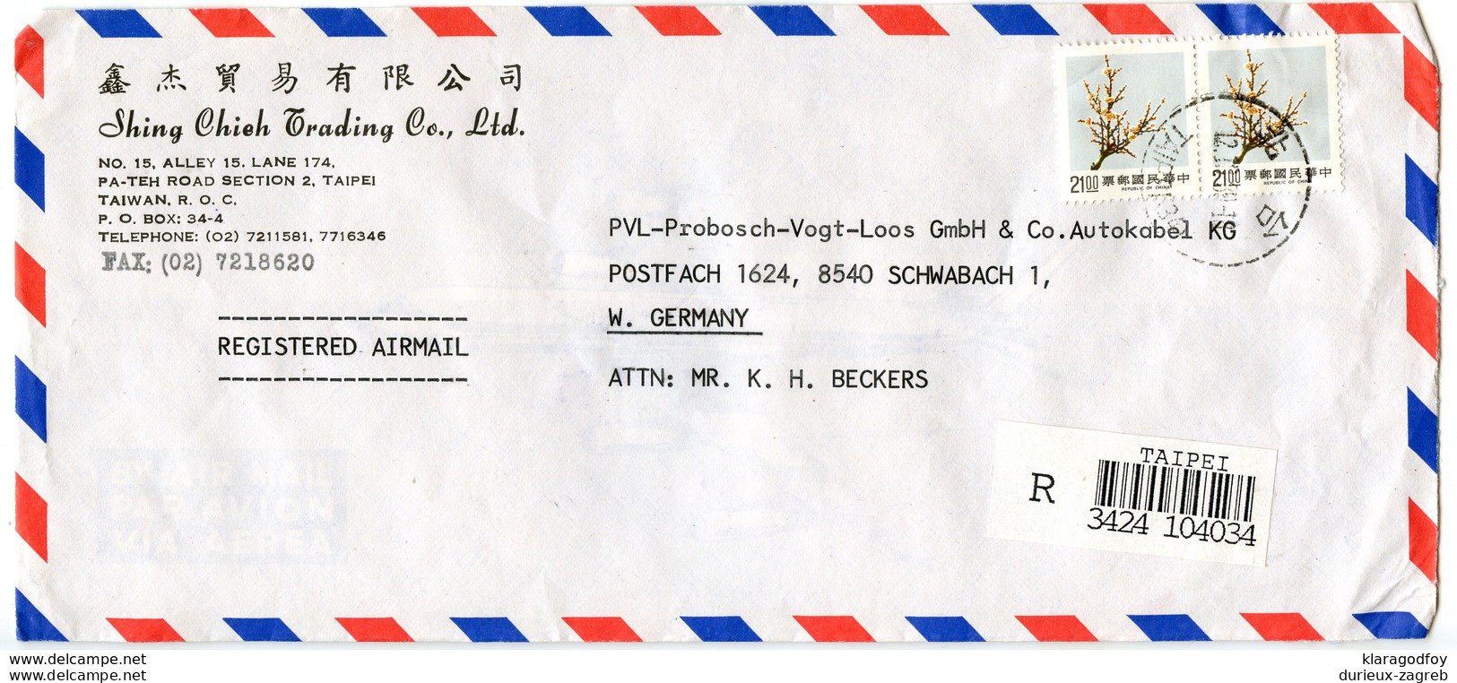 Shing Chieh Trading Co., Taipei Air Mail Company Letter Cover Posted Registeded 198? To Germany B200120 - Cartas & Documentos