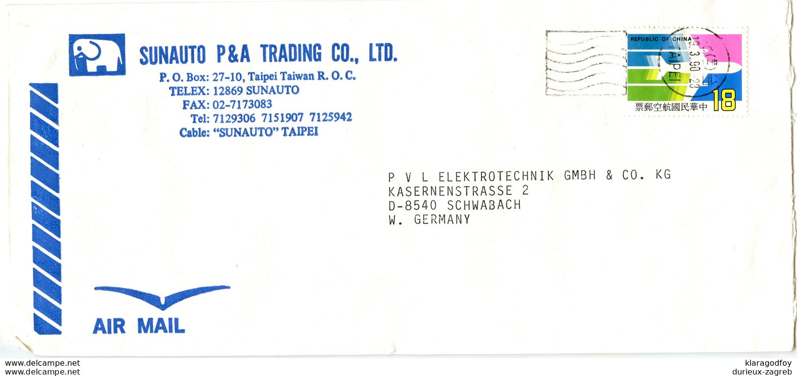 Sunauto P&A Trading Co. Taipei Company Letter Cover Posted 1990 To Germany B200120 - Cartas & Documentos