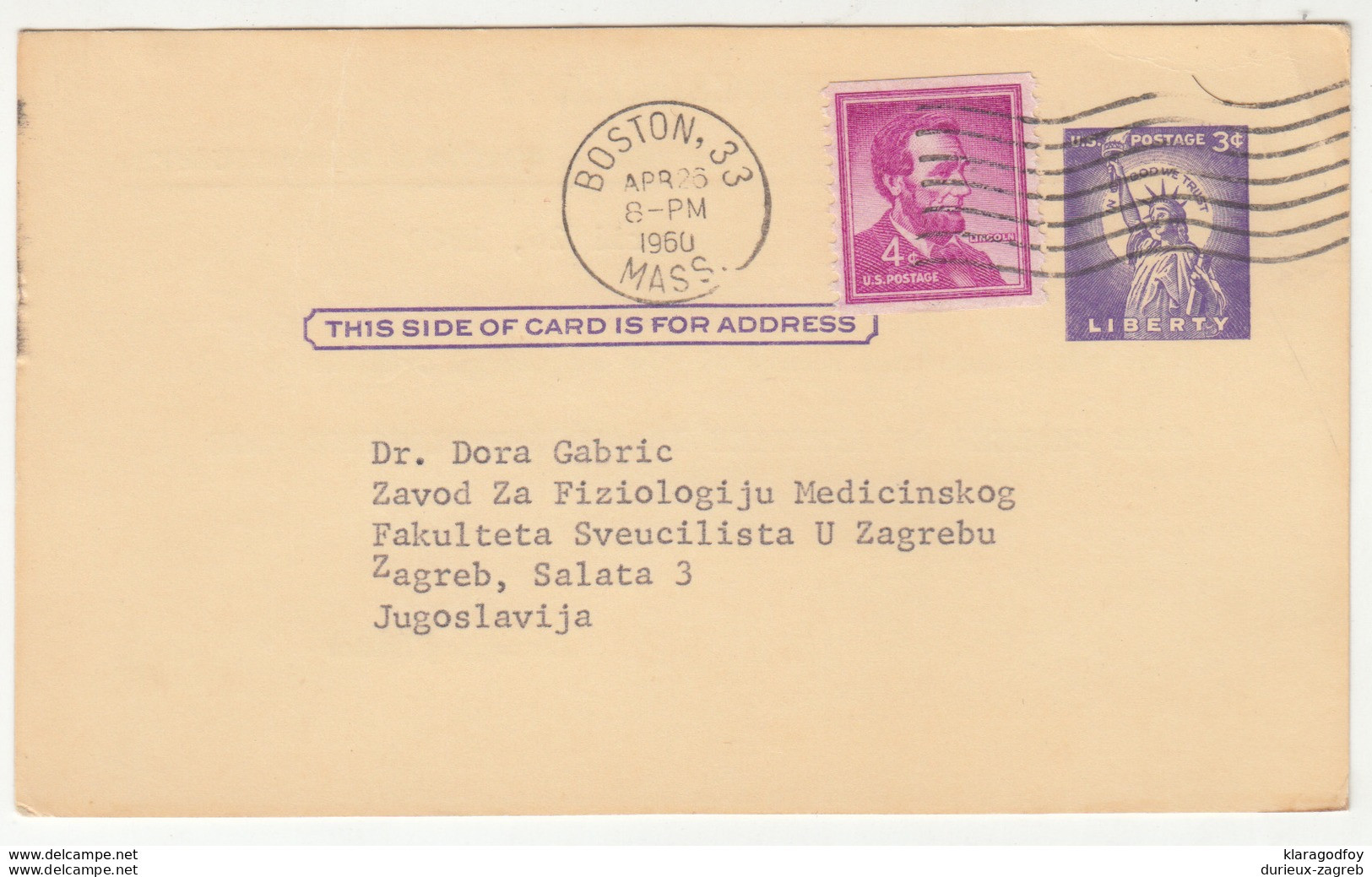 US, Endocrinology Editorial Office Postal Stationery Postal Card Travelled 1960 Boston Pmk B190201 - 1941-60