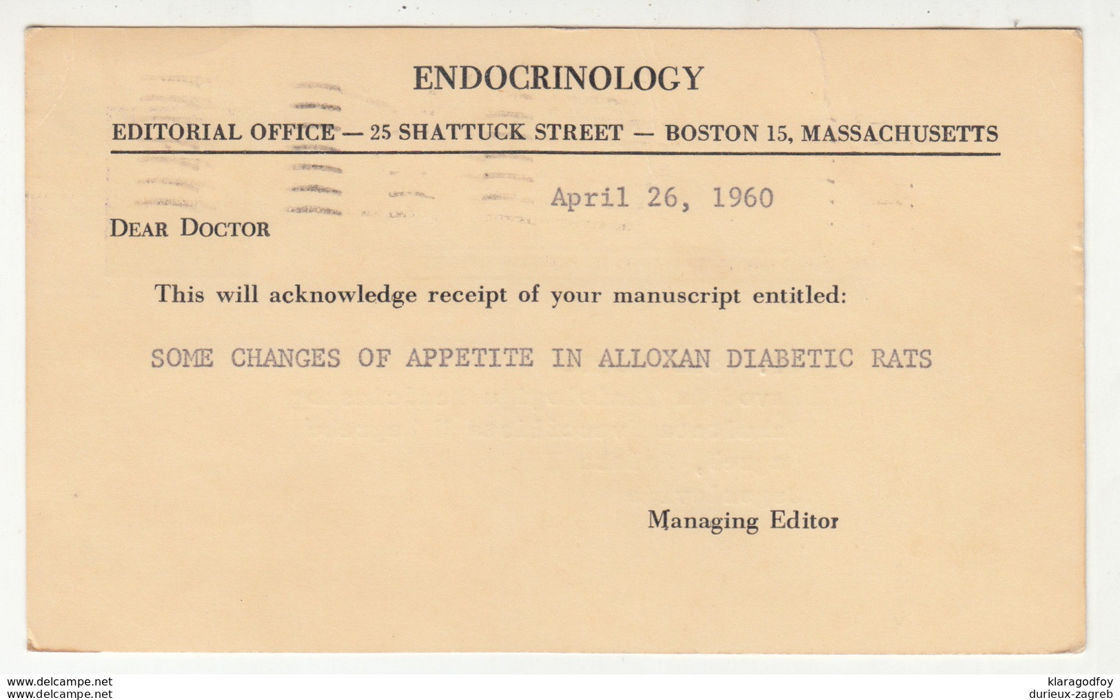 US, Endocrinology Editorial Office Postal Stationery Postal Card Travelled 1960 Boston Pmk B190201 - 1941-60