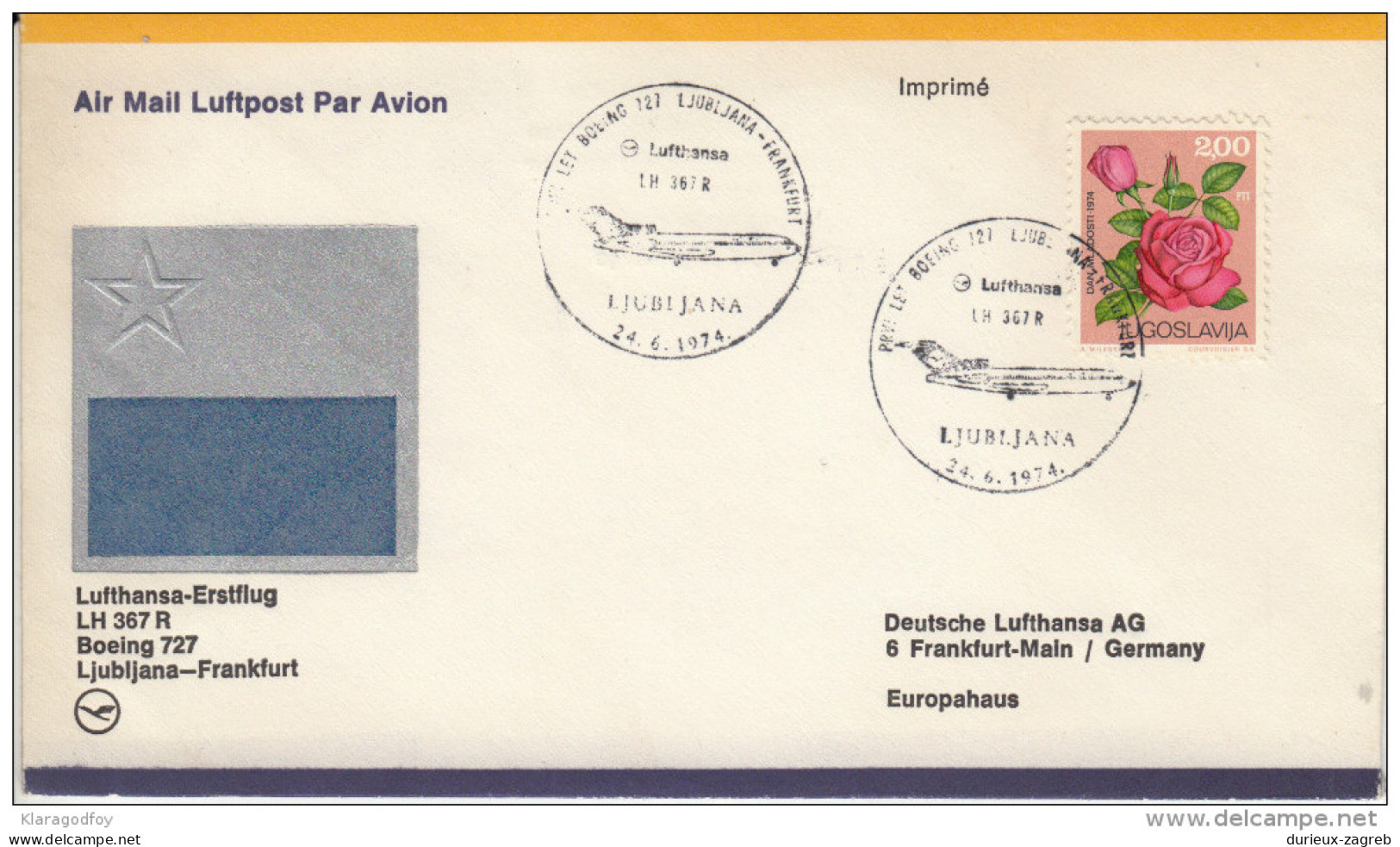 Yugoslavia Lufthansa Airmail Letter Cover & Special Postmark First Boeing 727 Flight Ljubljana-Frankfurt Bb151011 - Luftpost