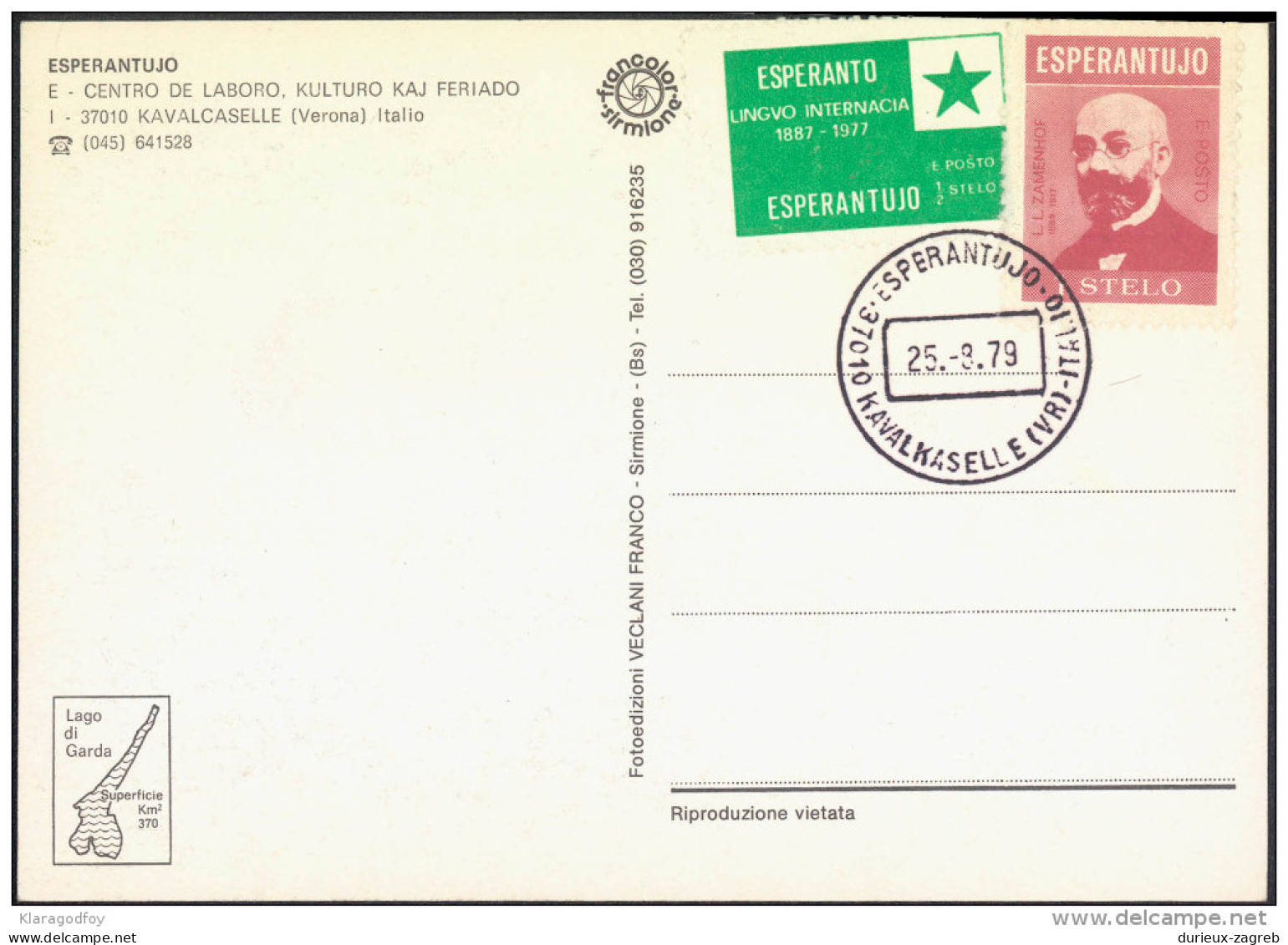 Esperanto Italy 1979 Esperantujo Special Postmark And Cinderellas On Postcard Kavalcaselle Not Travelled Bb150918 - Esperanto