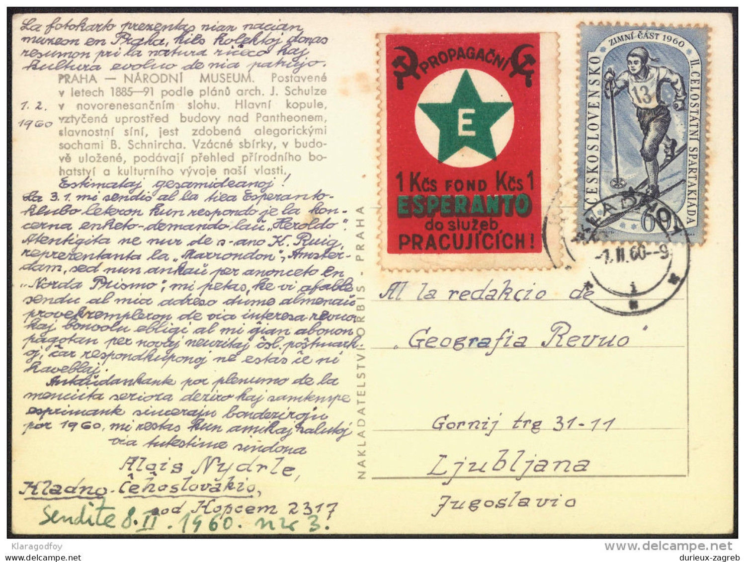 Esperanto Czechoslovakia 1960 Cinderella On Postcard Prague Travelled Bb150918 - Esperanto