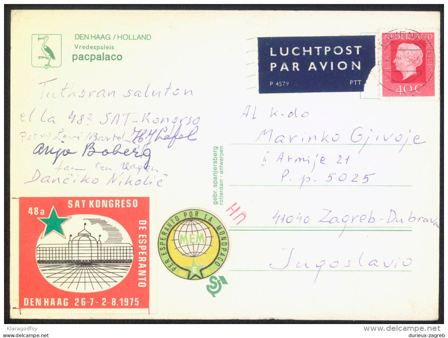 Esperanto Netherlands 1975 48th Congress Special Postmarks And Cinderellas On Postcard Den Haag Travelled Bb150918 - Esperanto