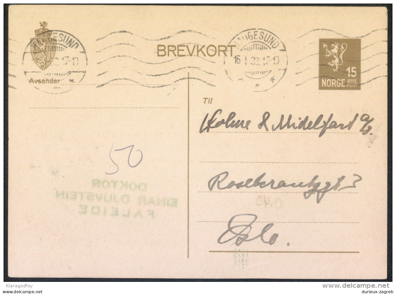 Norway Old Postal Stationery Postcard Brevkort Travelled 1933 Bb - Interi Postali