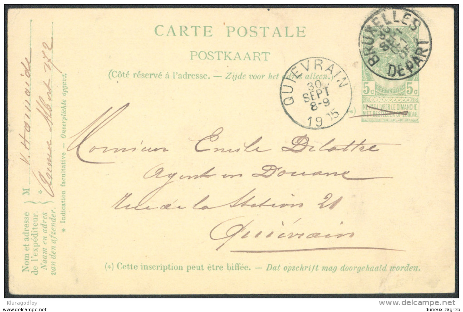 Belgium Old Postal Stationery Postcard Carte Postale Postkaart Travelled 1909 Bb - Otros & Sin Clasificación