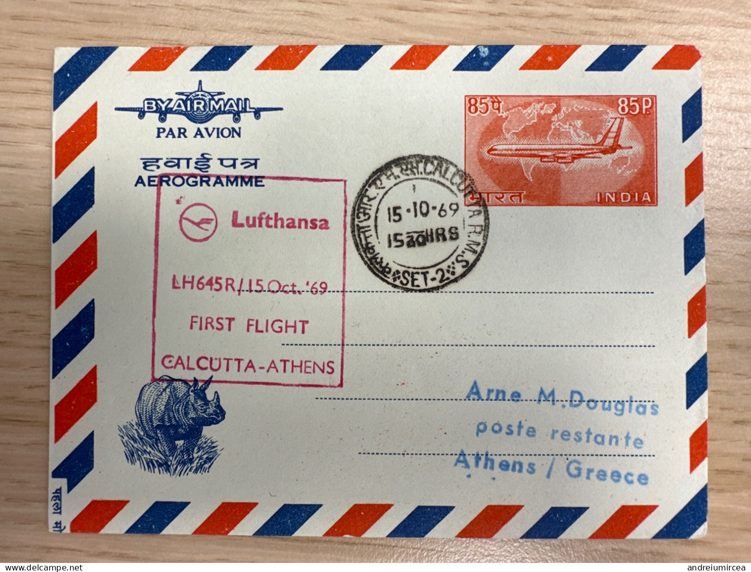 Aérogramme Lufthansa First Fly Calcutta - Athens 1969 - Corréo Aéreo