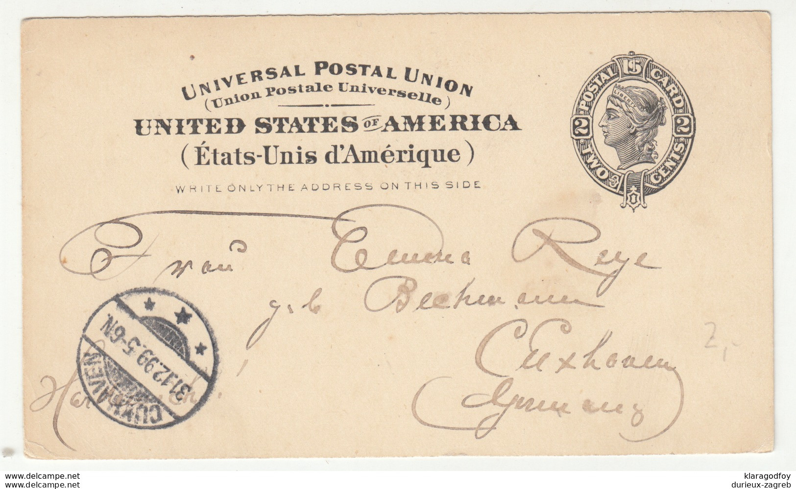 US UPU Postal Stationery Postcard Posted 1899 Detroit To Germany B200115 - ...-1900