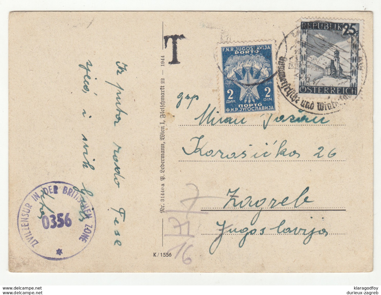Yugoslavia Postage Due Stamp On Semmering Postcard Travelled 1947 - British Zone Censor Postmark B190720 - Timbres-taxe