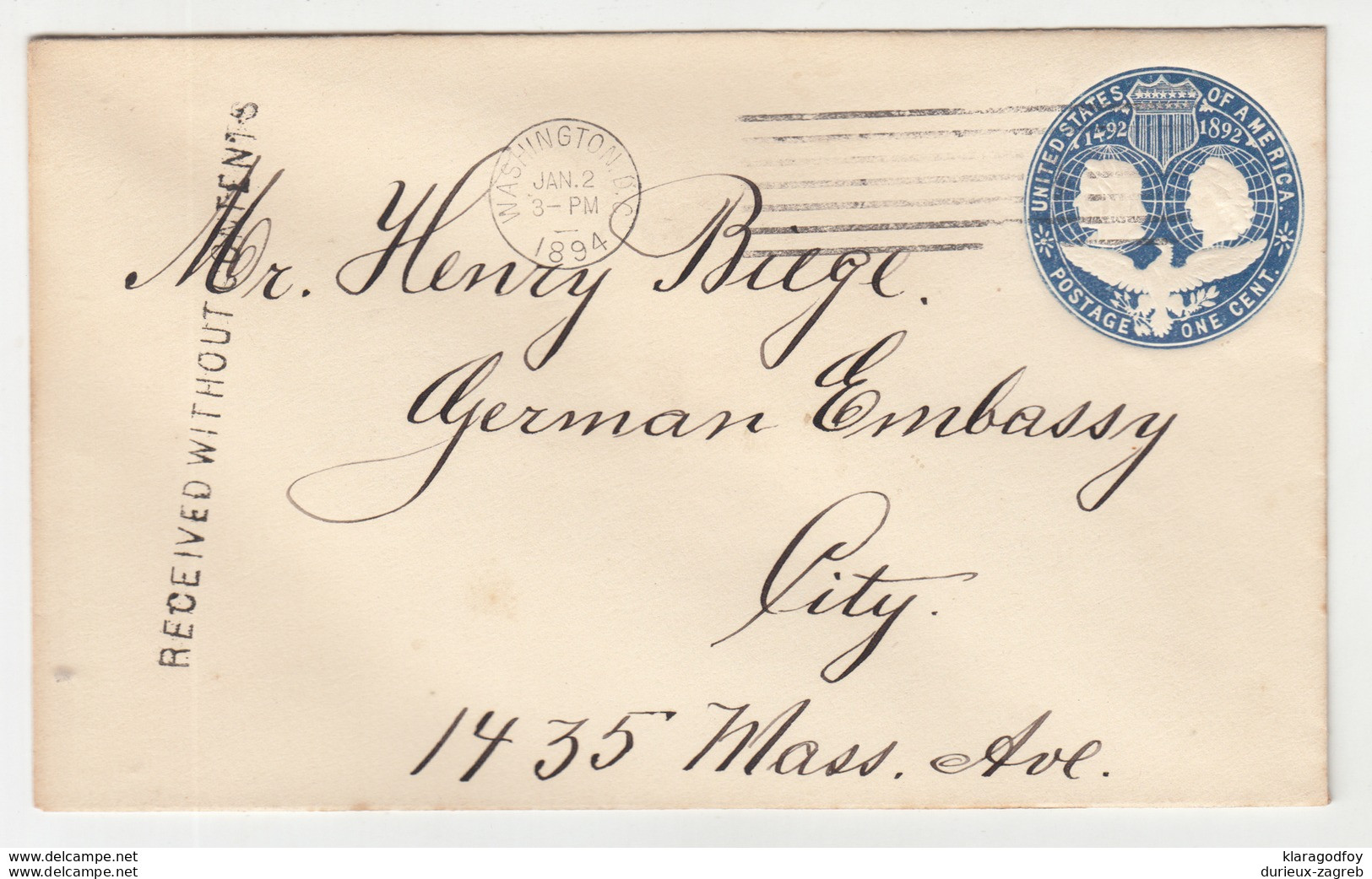 US 1892 1c Postal Stationery Letter Cover Posted 1894 B191210 - ...-1900