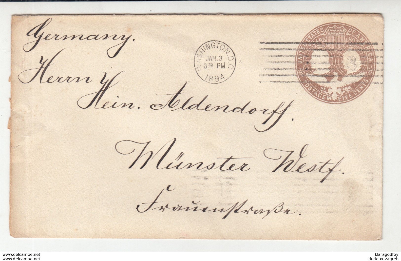 US 1892 5c Postal Stationery Letter Cover Posted 1894 To Germany B191210 - ...-1900