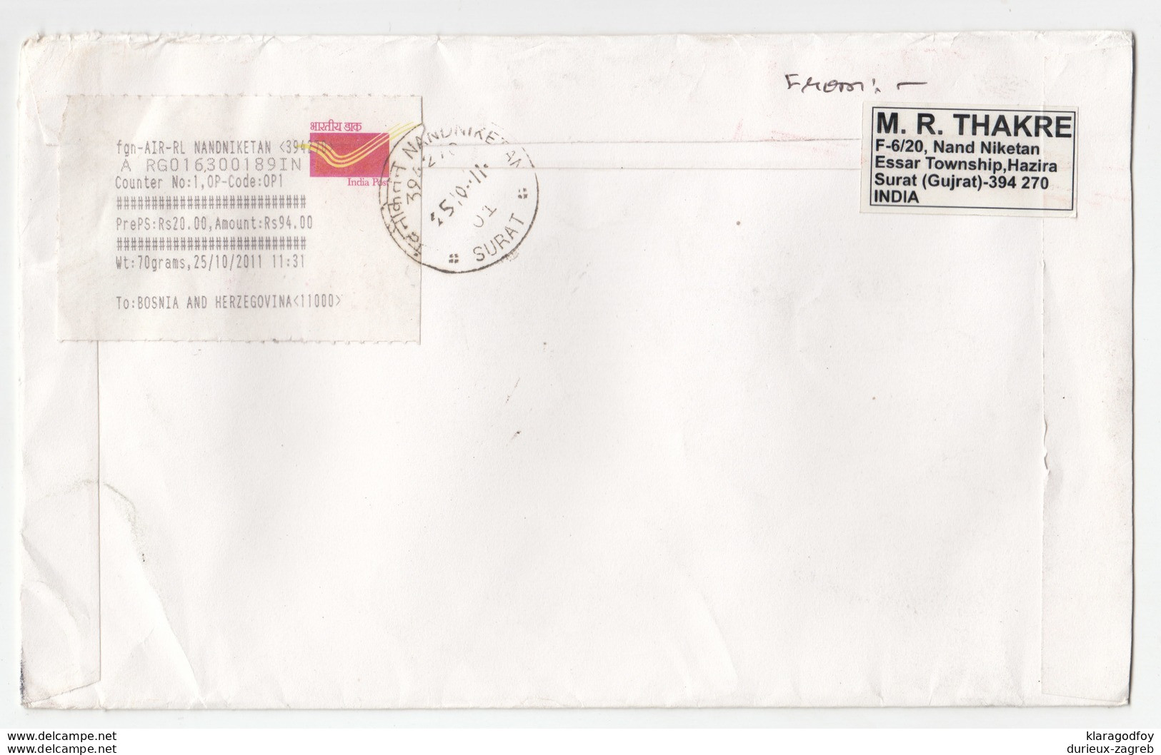 India Registered Letter Cover Travelled 2011 Nand Niketan To Bosnia B180725 - Brieven En Documenten