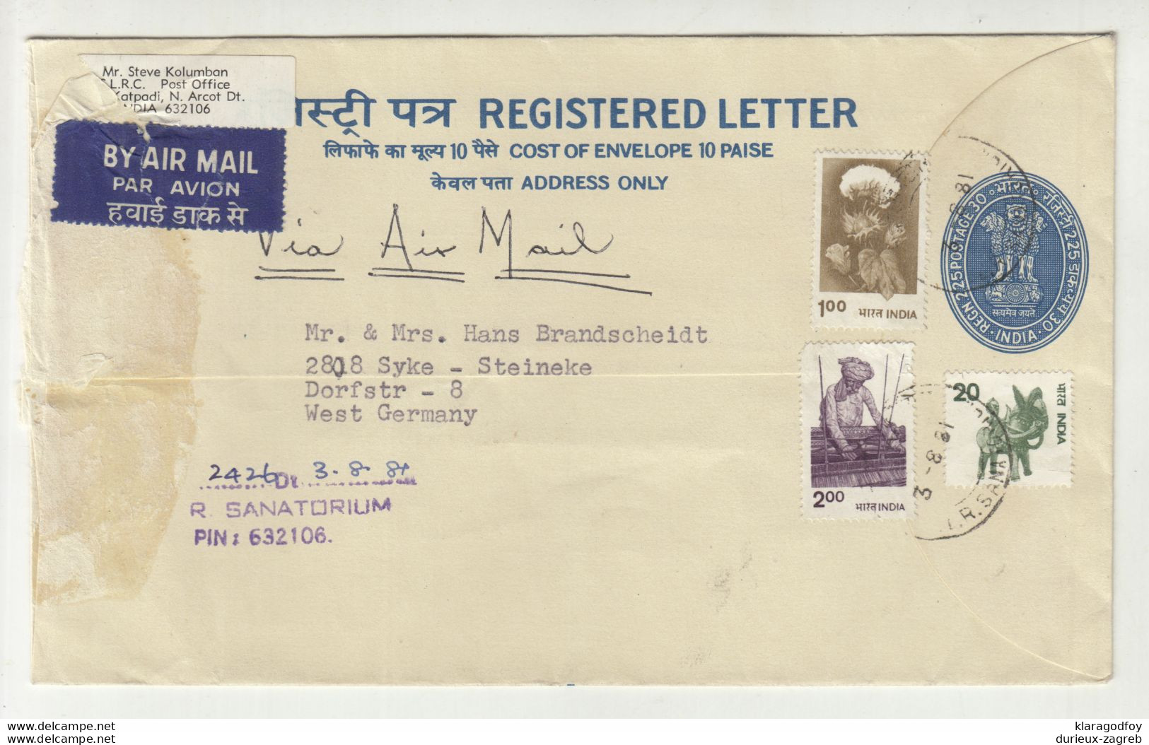 India Postal Stationery Registered Letter Cover Posted 1981 To Germany B210120 - Zonder Classificatie