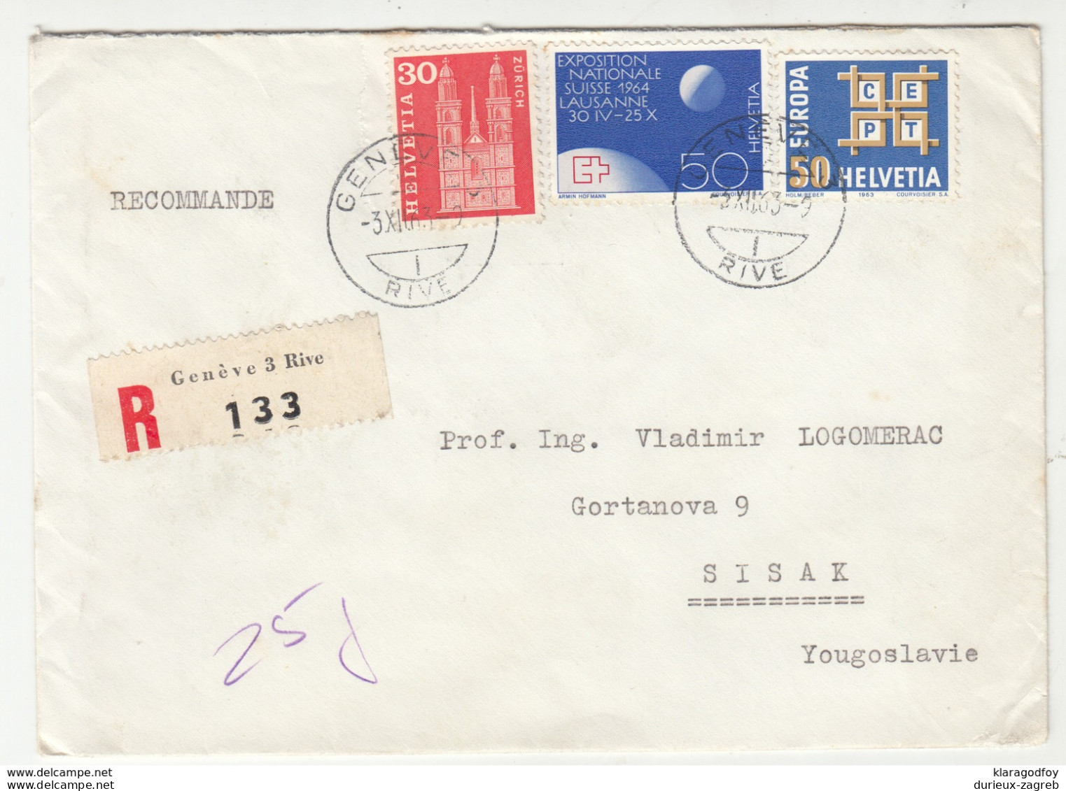 Switzerland 1963 Europa CEPT Stamp On Letter Cover Travelled Registered 1968 Geneve To Sisak B190501 - 1963