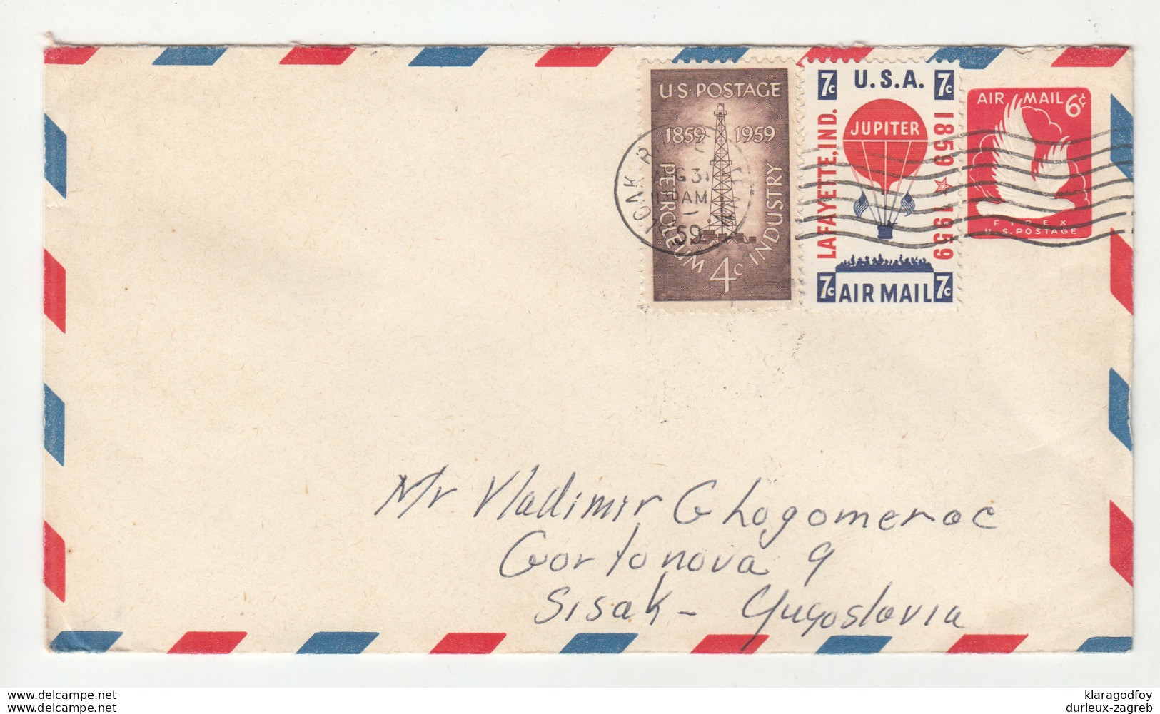 USA Postal Stationery Air Mail Letter Cover Travelled 1959 To Yugoslavia - Uprated B190501 - 1941-60