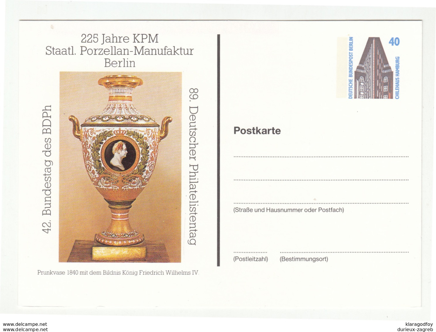 Germany 42. Bundestag Des BDPh Berlin 1988 Porzellan Illustrated Postal Stationery Postcard Unused B200510 - Cartes Postales Privées - Neuves