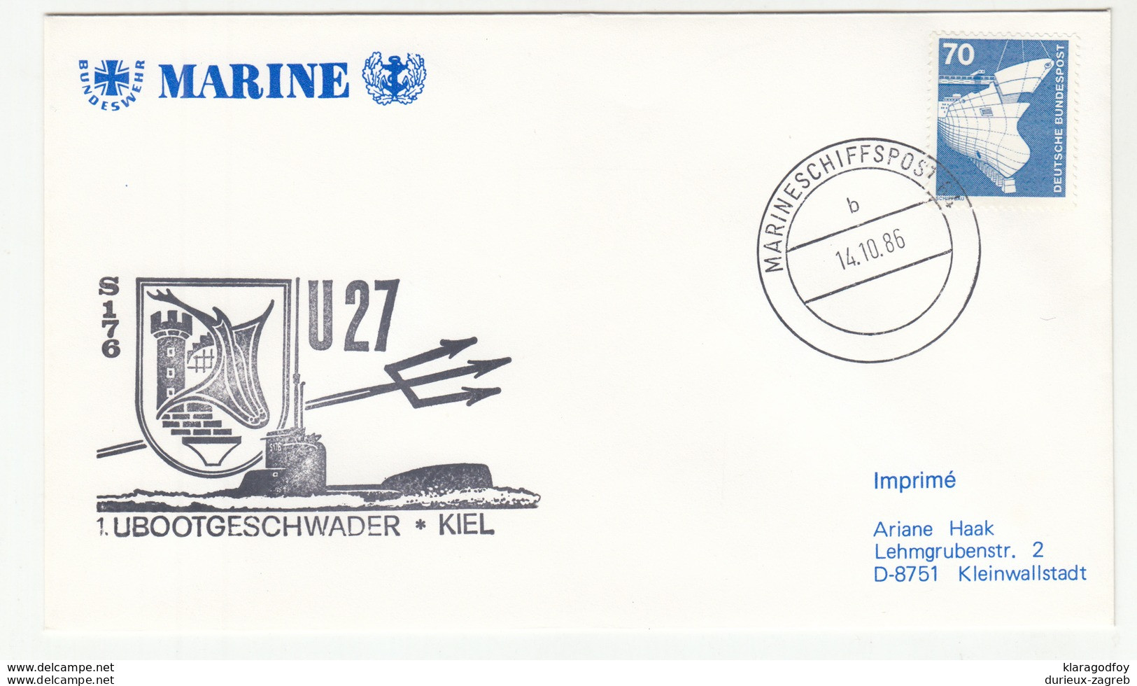 Germany 1986 Bundeswehr Marine U27 1. Ubootgeschwader Kiel Marineschiffspostamt B200510 - Duikboten