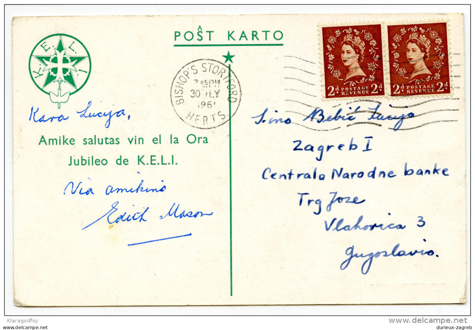 Hockerill Training College The Close Hotel Esperanto Postcard Travelled 1961 To Yugoslavia Bb151102 - Esperanto