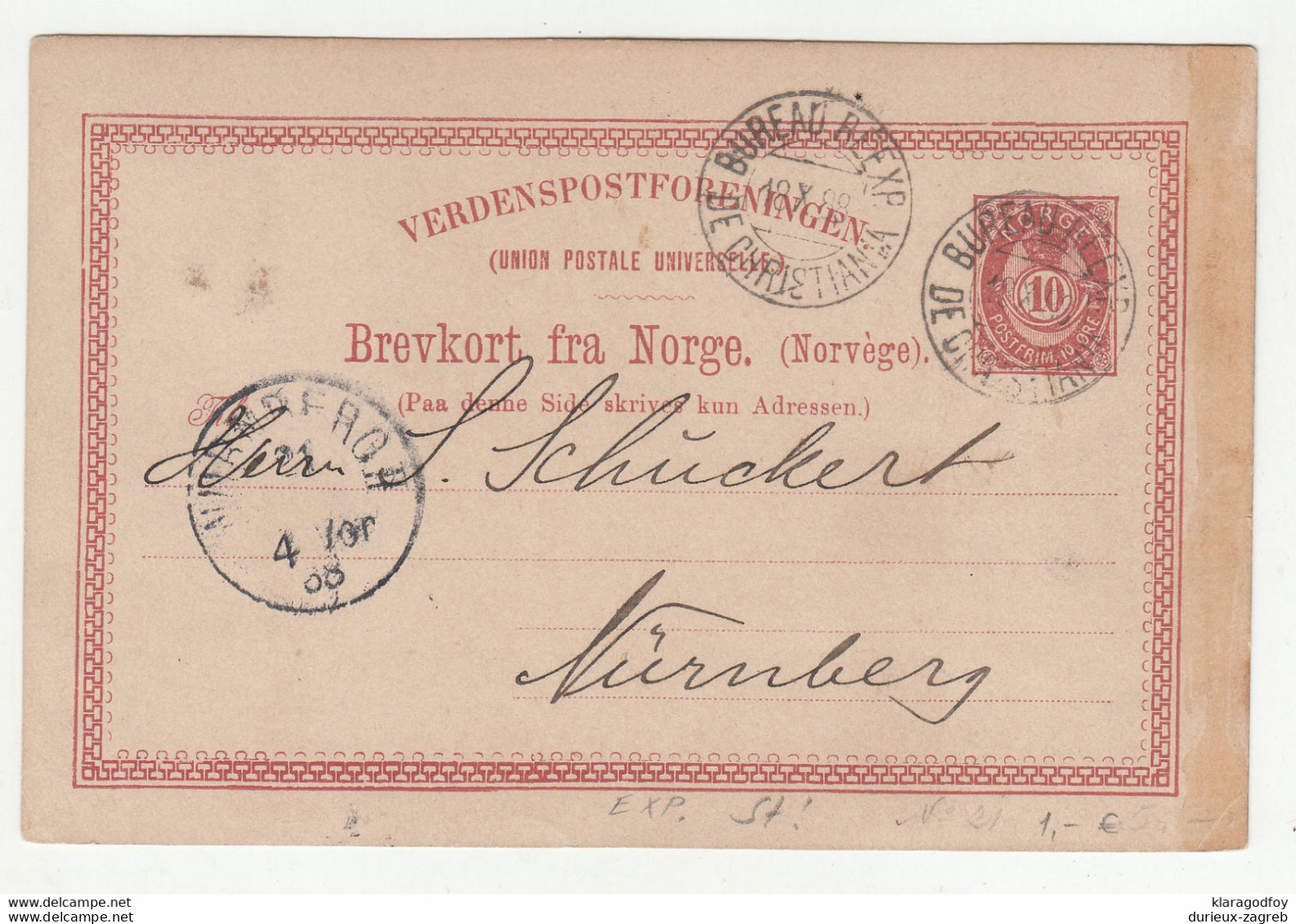 Norge Postal Stationery Postcard  Brevkort Posted 1888 Christiania To Nuernberg B210725 - Entiers Postaux