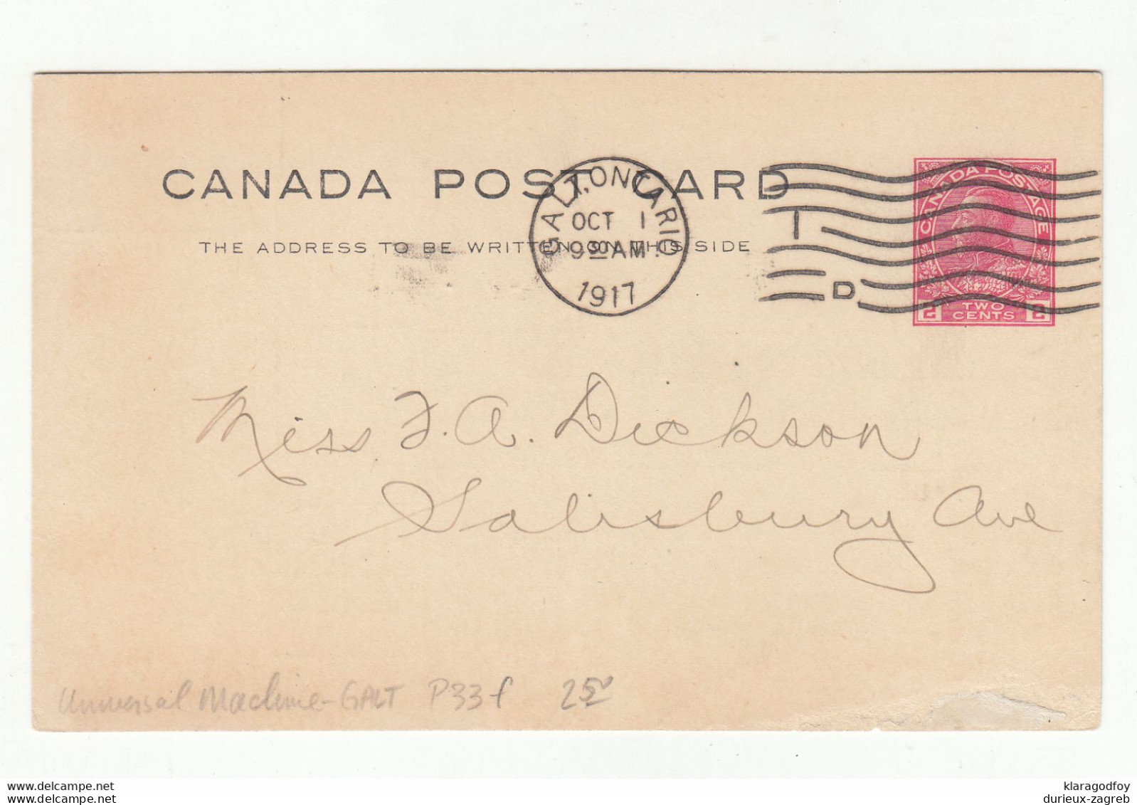 Galt Water Comission, Pre-printed KGV Postal Stationery Postcard Posted 1917 Galt Ontario Pmk B210725 - 1903-1954 De Koningen