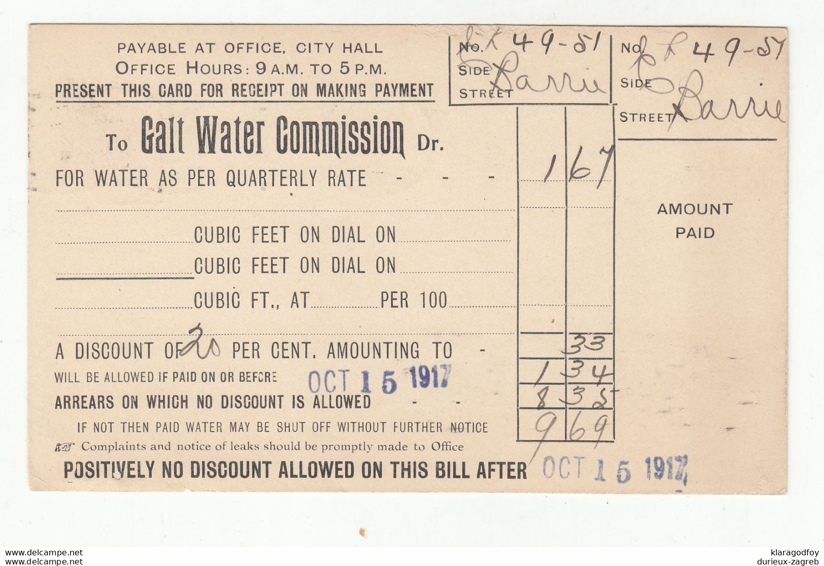 Galt Water Comission, Pre-printed KGV Postal Stationery Postcard Posted 1917 Galt Ontario Pmk B210725 - 1903-1954 De Koningen