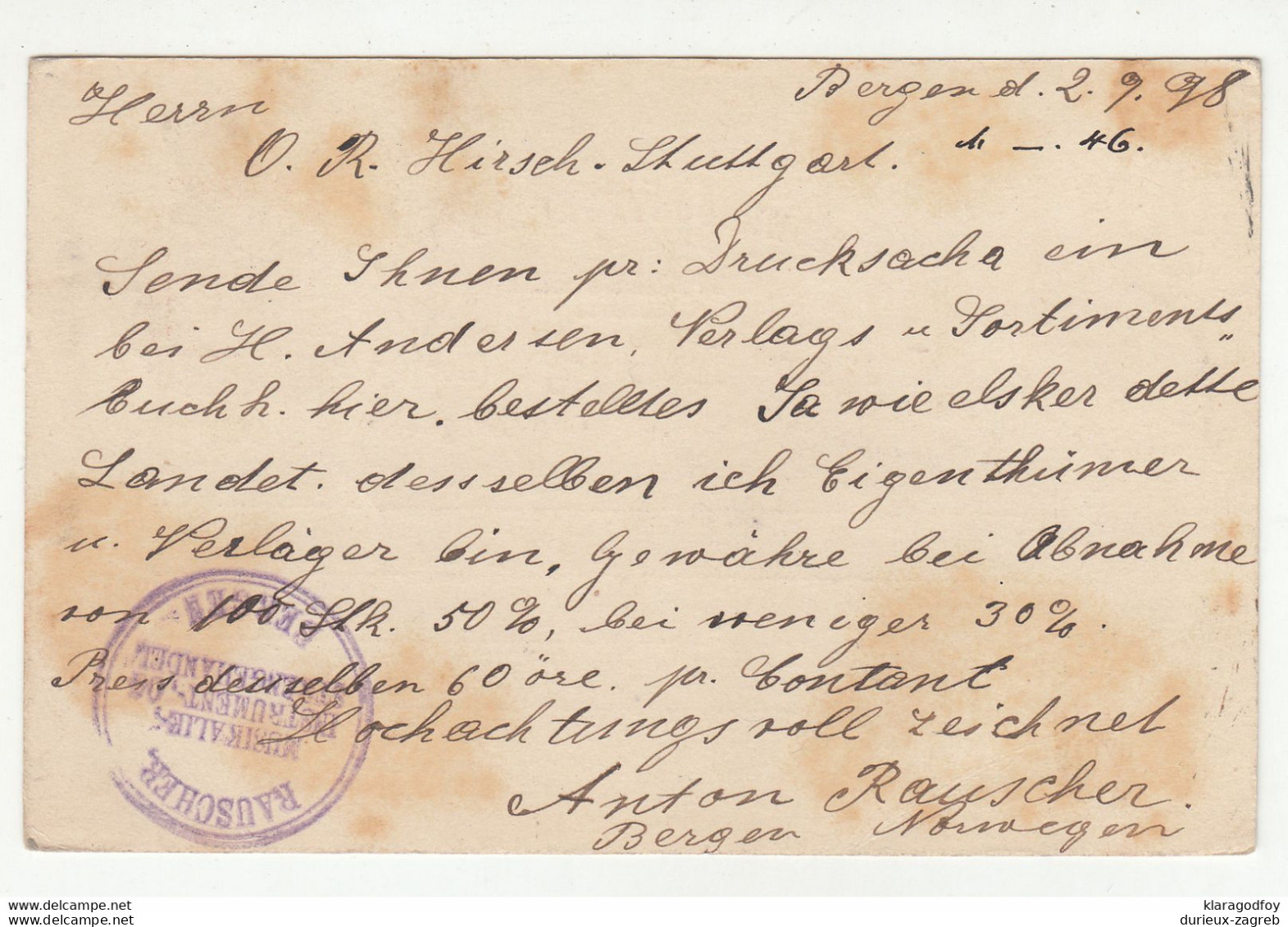 Norge Postal Stationery Postcard  Brevkort Posted 1898 Bergen Pmk B210725 - Interi Postali