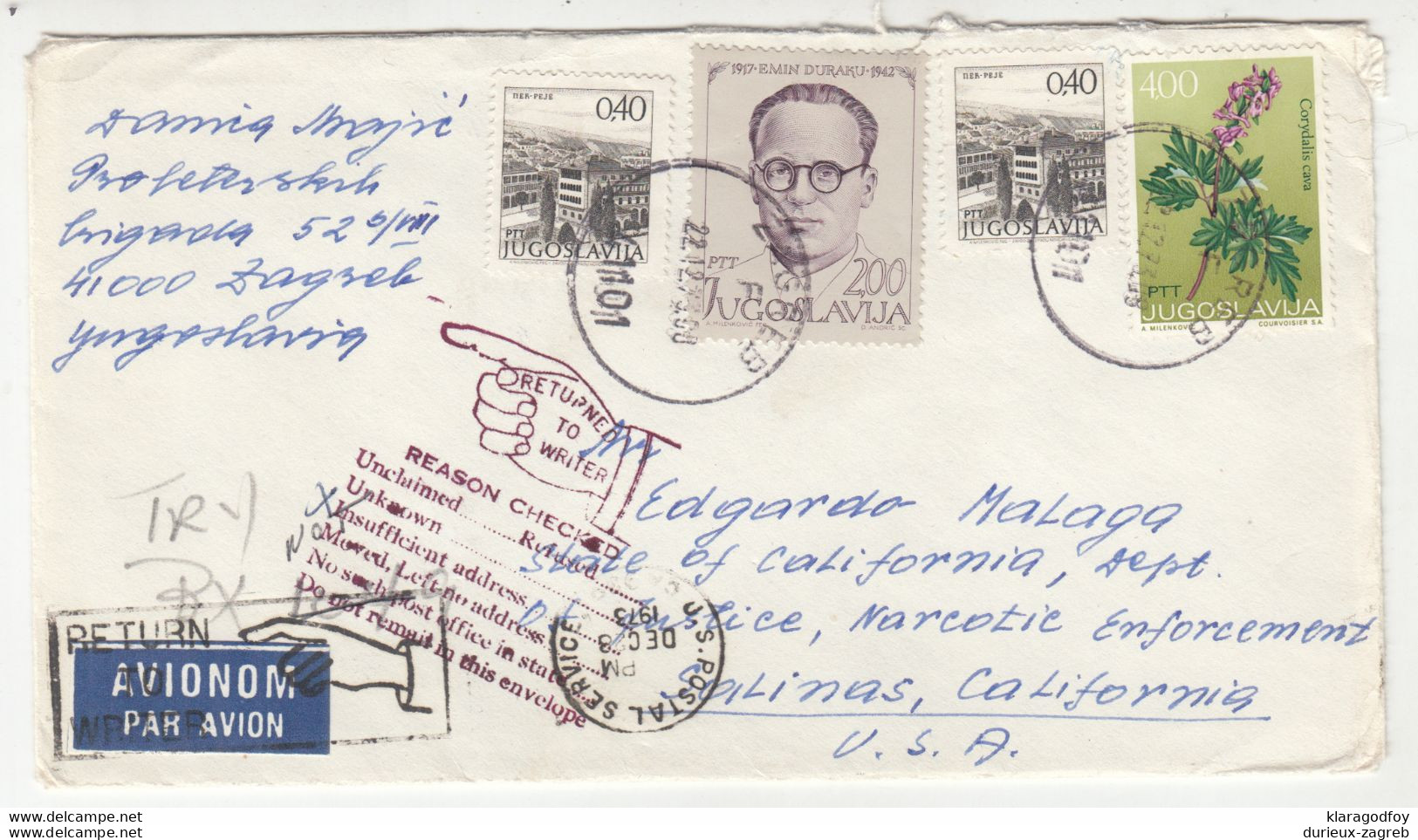 Yugoslavia, Letter Cover Returned (refused) Posted 1973 Zagreb To US B201101 - Cartas & Documentos