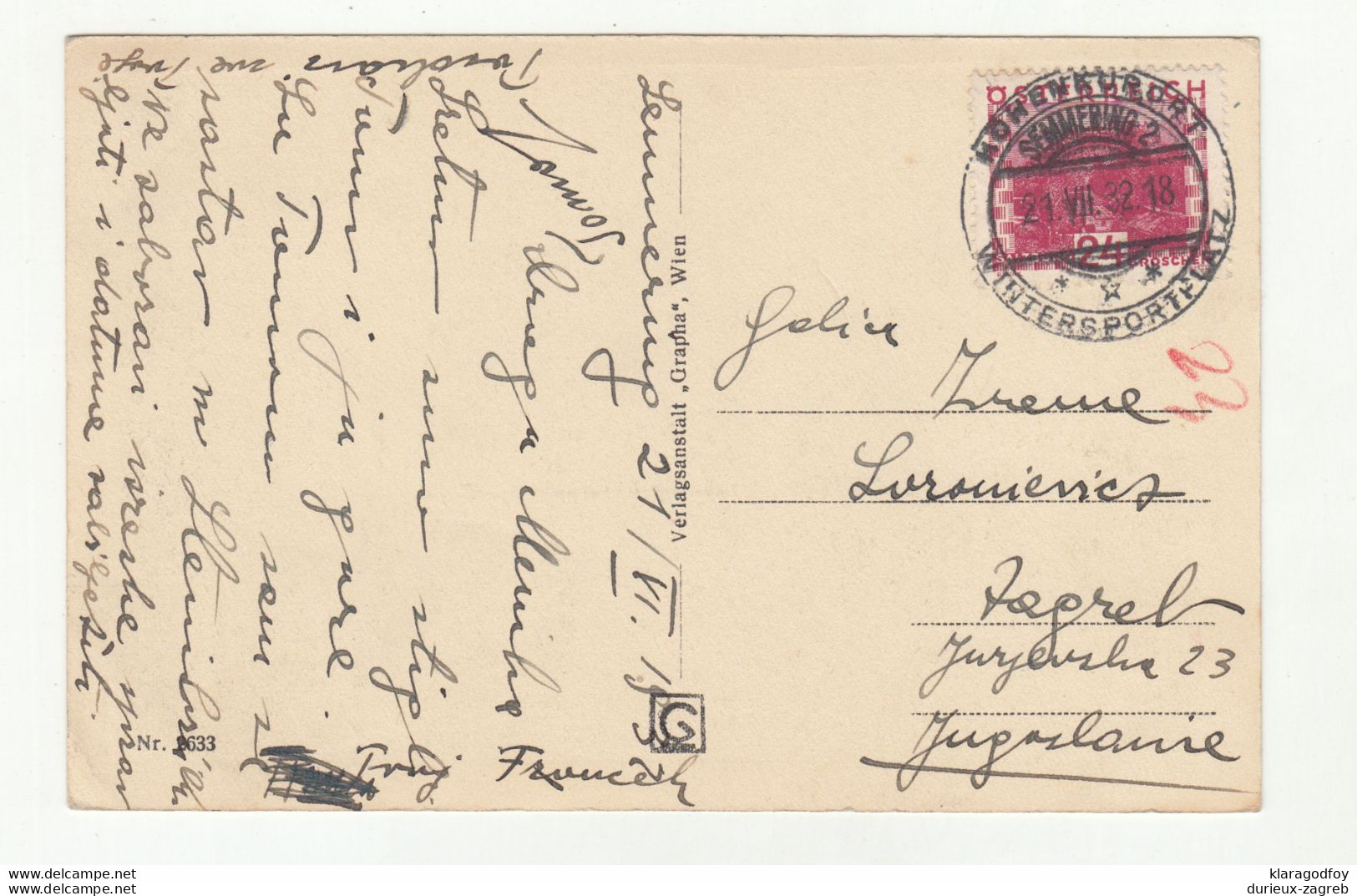 Semmering, Hotel Erzh. Johann Old Postcard Posted 1932 B201020 - Semmering