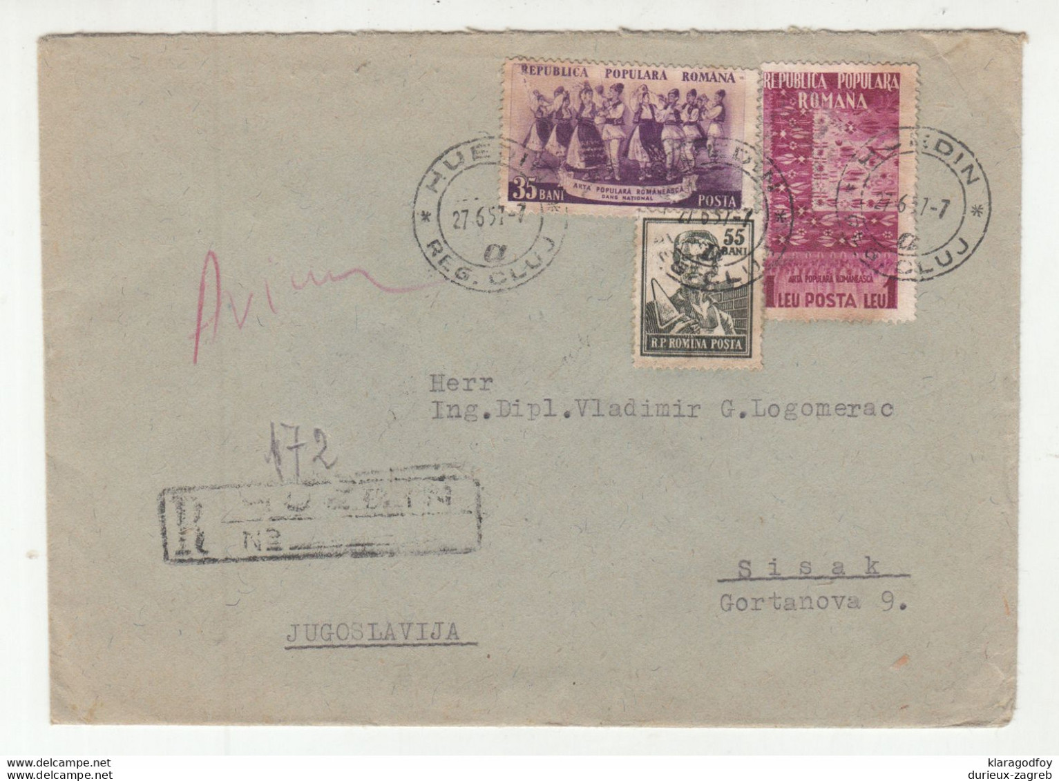 Romania Letter Cover Posted Registered 1957 Huedin To Sisak B201001 - Lettres & Documents