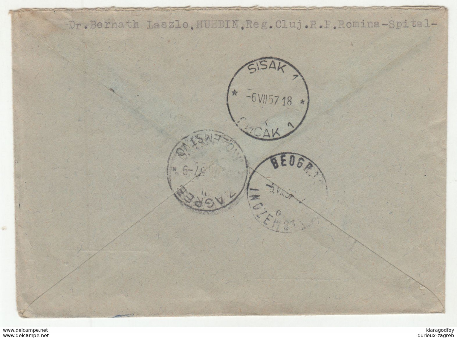 Romania Letter Cover Posted Registered 1957 Huedin To Sisak B201001 - Brieven En Documenten