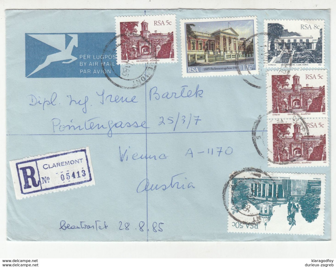 South Africa, Letter Cover Registered Posted 1985 Claremont Pmk B200720 - Cartas & Documentos