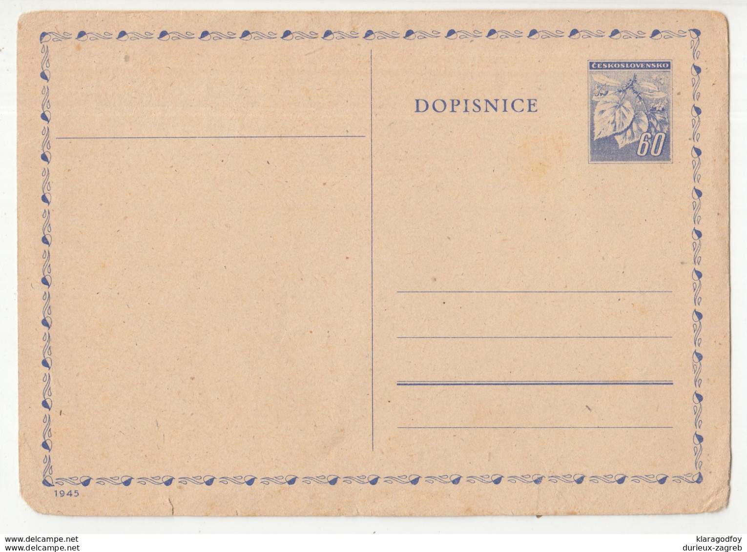 Czechoslovakia Postal Stationery Postcard Dopisnice 1945 Unused B190220 - Cartes Postales