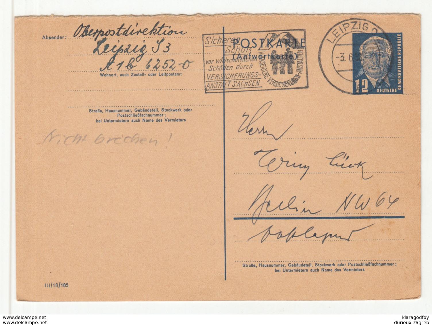DDR, Versicherungsanstalt Sachsen Slogan Pmk On Postal Stationery Postkarte Travelled 1952 Leipzig Pmk B190220 - Postkarten - Gebraucht