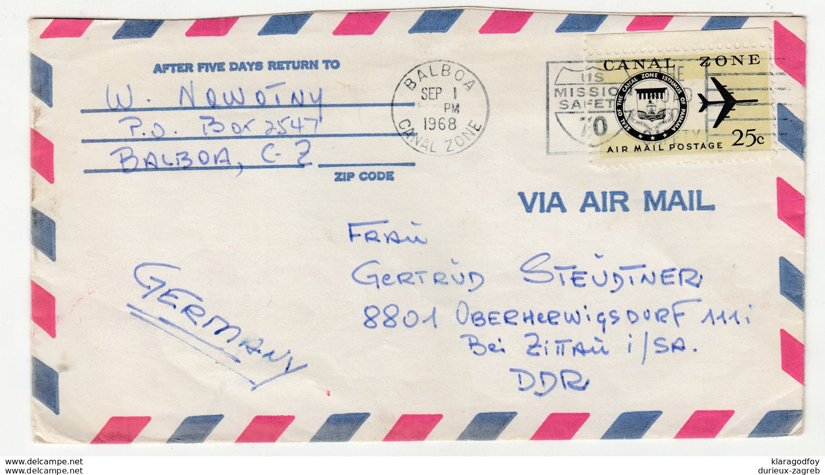 US Canal Zone Letter Cover Posted 1968 Balboa To Germany DDR B200210 - Canal Zone