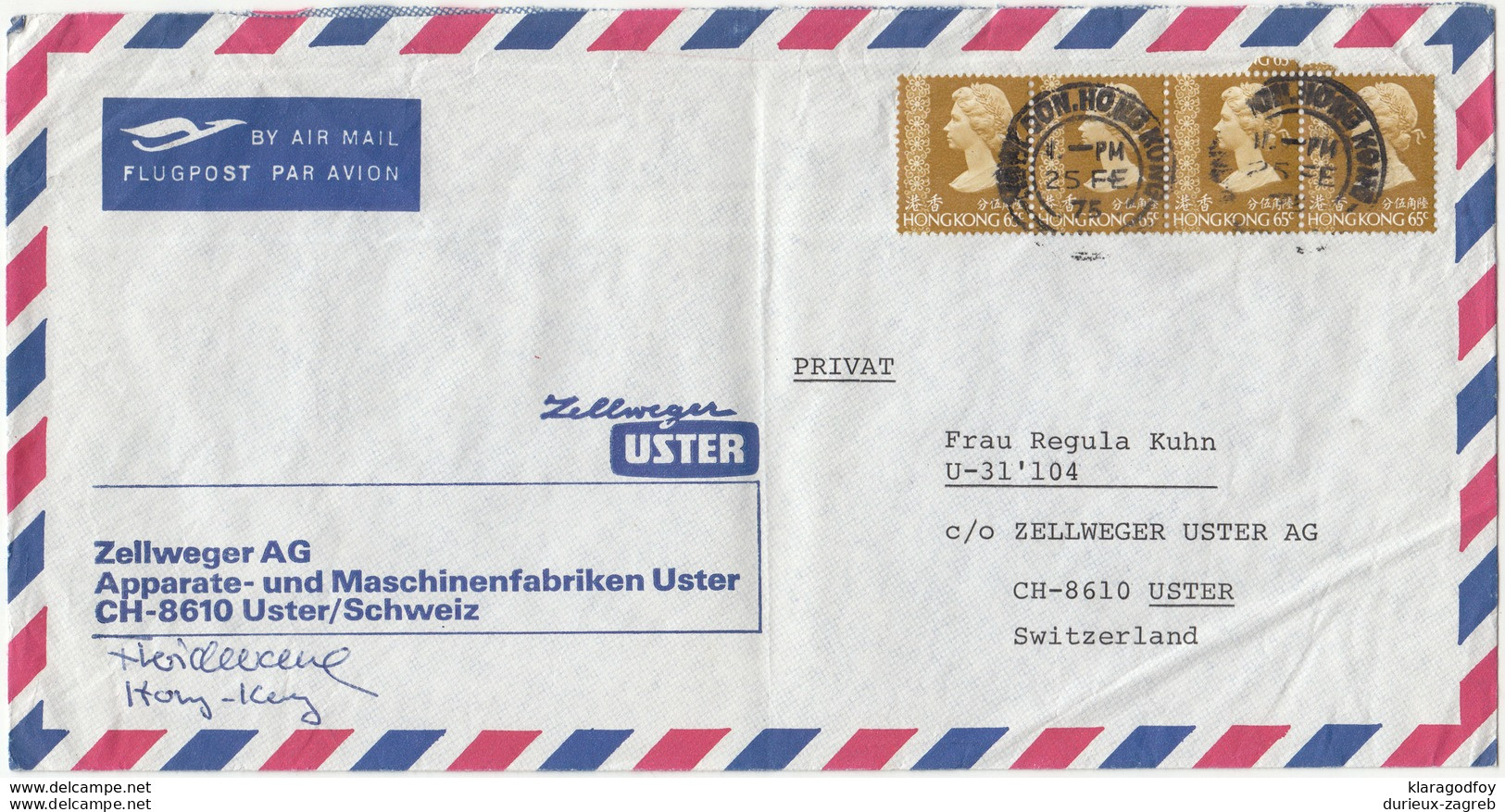 Zellweger AG Hong Kong Company Air Mail Letter Cover Travelled 1975 To Switzerland B171102 - Storia Postale