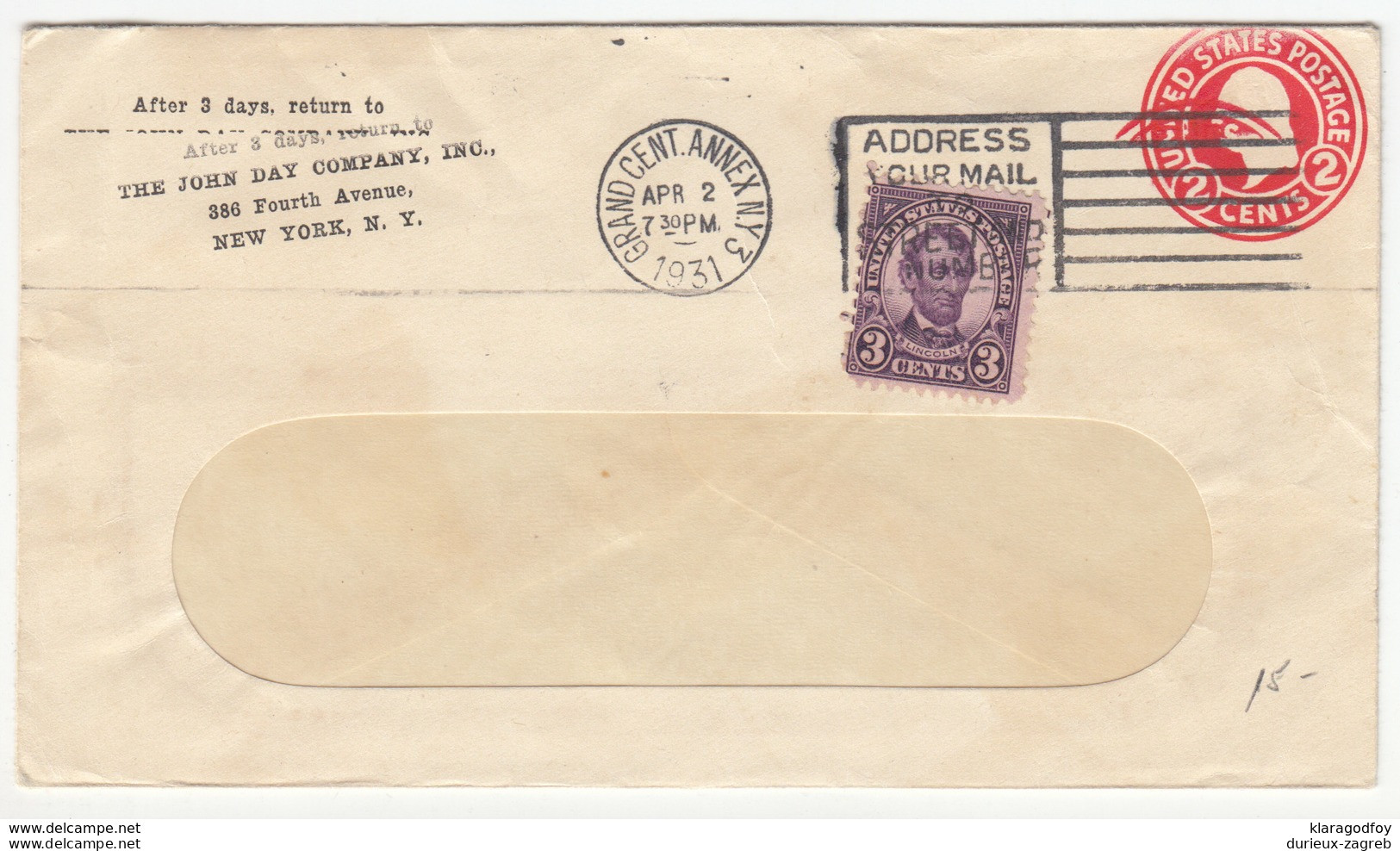 USA, Postal Stationery Letter Cover Travelled 1931 Grand Cent. Annex NY Pmk B180122 - 1921-40
